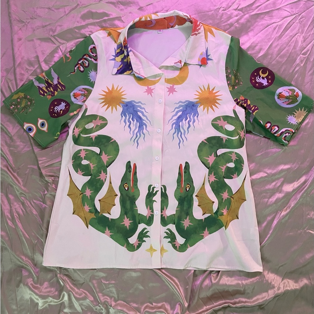 White and Green Pantsuit with Intricate Design